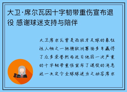 大卫·席尔瓦因十字韧带重伤宣布退役 感谢球迷支持与陪伴