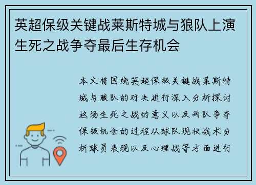 英超保级关键战莱斯特城与狼队上演生死之战争夺最后生存机会